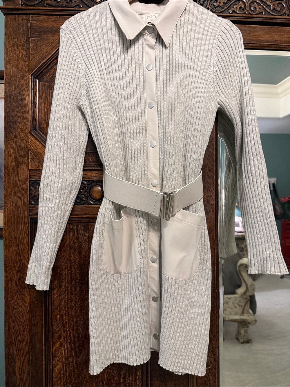 Light Cream Ribbed Knit Long Sleeve Shirt Dress with Belt